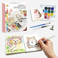 Kit de peinture à l'aquarelle sur le thème des animaux, ensemble d'art de poche pour enfants avec palette, carnet de croquis, pinceaux, jouet éducatif créatif