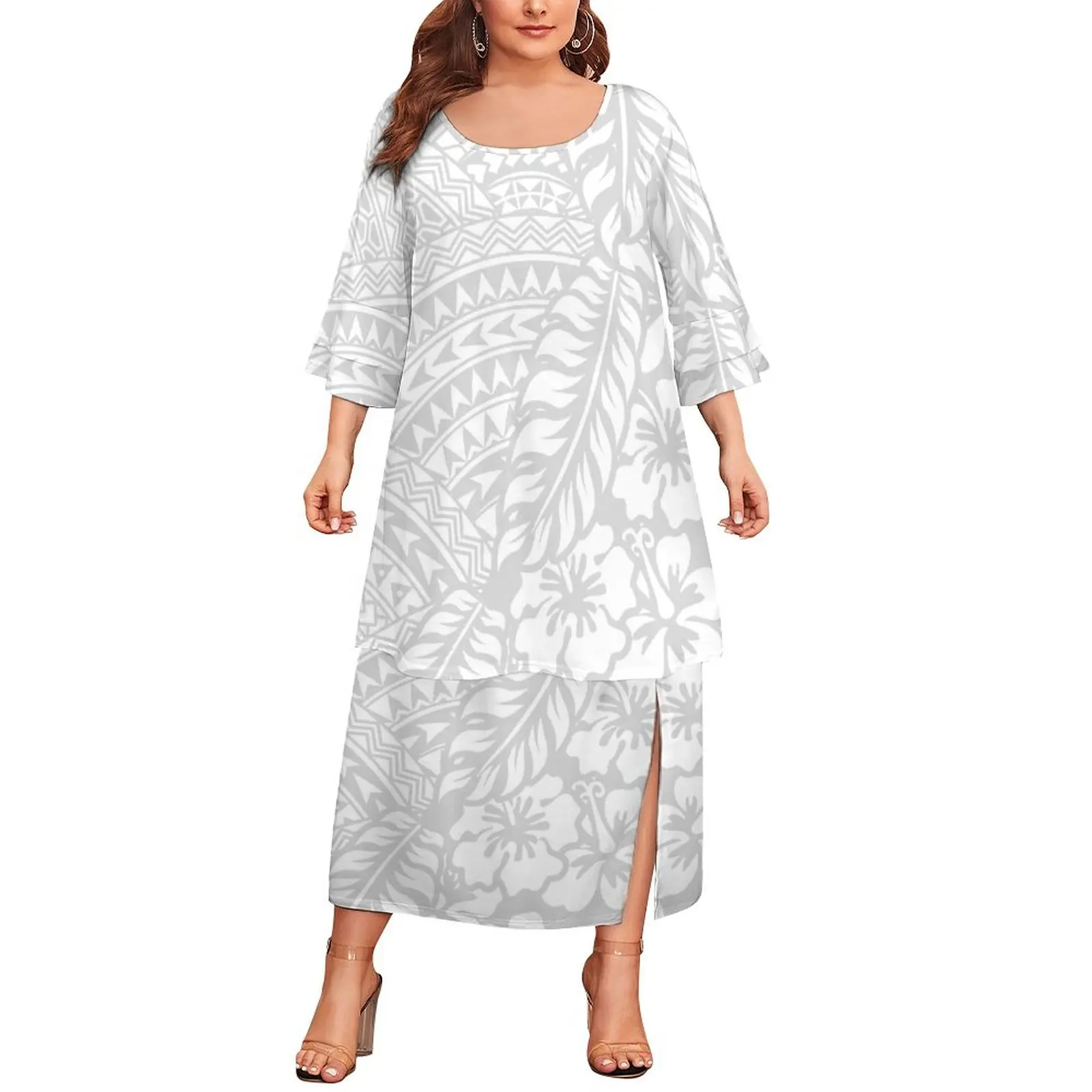 top quality polyester cotton polynesian women clothing plus size dress sets custom puletasi samoan white sunday party dresses