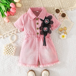 Annshine Fashion 2026 <span class=keywords><strong>Tuta</strong></span> in denim da ragazza a maniche corte con risvolto, vita regolabile e pantaloni cargo decorati con perle e fiori - Product Image 4