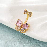 Perhiasan Cincin Pusar Baja Anti Karat Berlapis Emas 18k dengan Zirkonia Pink, Grosir Cincin Pusar Wanita, Aksesoris Tindik