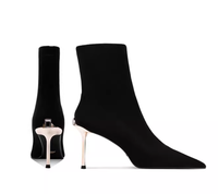 Sepatu Boots Wanita Hitam Bahan Stretch Model Sock, Ujung Runcing Hak Stiletto Tipis Elegan