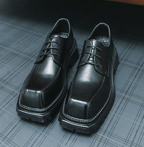 Men's New Thick Sole square <b>Head</b> British <b>Style</b> Cargo Shoes, Thick Sole Increase, Anti-slip Wear, Office Wedding Dress Shoes - Product Image 4