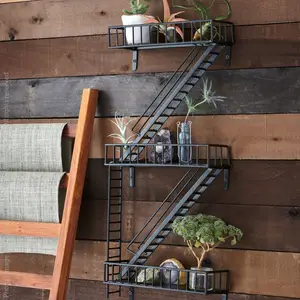 Iron Fire Escape Metal Wire Shelf with Basket and Rack Coat and Tool Hanger Stand Home Organization Coat Hook