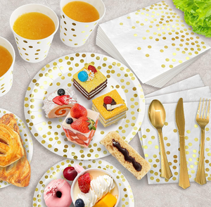 DAMAI - Vajilla Desechable Blanca y Dorada para Fiestas, Platos, Vasos y Servilletas con Puntos Dorados para Graduación, Cumpleaños, Bodas - Product Image 4