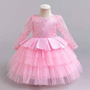 Abito da Principessa a Maniche Lunghe con Gonna a Strati e Fiocco per Bambine, Vestito Formale Elegante - Product Image 1
