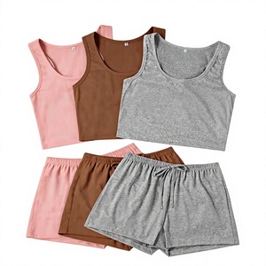 Women's 2-Piece V-neck Knitted Lounge Set Sleeveless Tank Top Elastic Waist Drawstring Shorts Solid Color Breathable Casual - Product Image 1