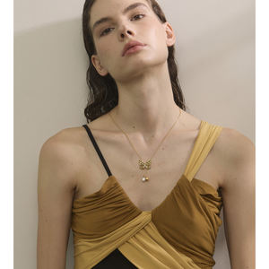 ג 'ינו 479 אלגנטי 3D נירוסטה פרפר זוהר מעוקב שרשרת זרקון שרשרת שרשרת פנינים כפולה פנינים - Product Image 3