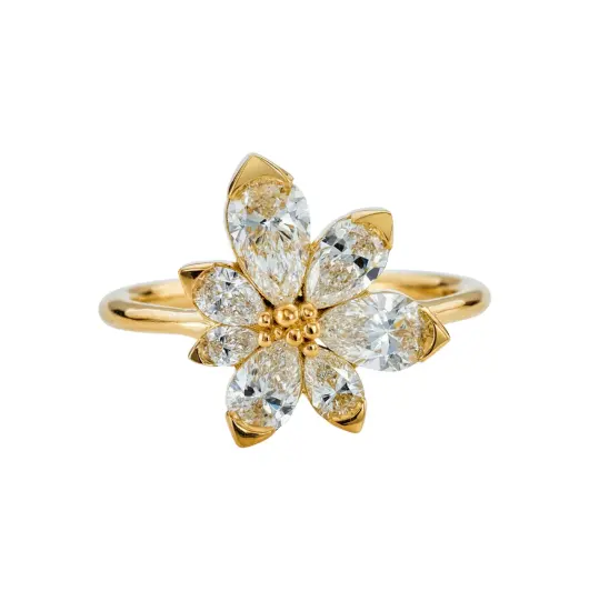 Asymmetric 18K Gold Plated Blossom Engagement Ring with Pear Cut Diamond White CZ 925 Sterling Silver Rings for Women