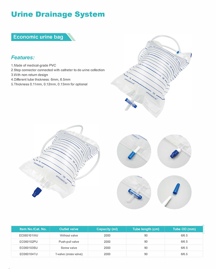 Bolsa de orina médica desechable quirúrgica de 2000 ml para uso hospitalario Bolsa de drenaje de orina desechable