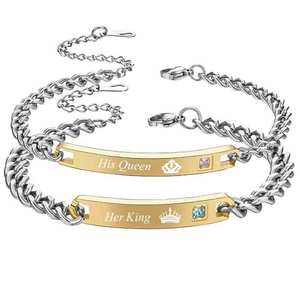Pulseras <span class=keywords><strong>de</strong></span> Pareja <span class=keywords><strong>de</strong></span> Acero Inoxidable Zhongzhe con Letras 'Her King His Queen His Beauty Her Beast', <span class=keywords><strong>Corona</strong></span> <span class=keywords><strong>y</strong></span> Cristales - Product Image 1
