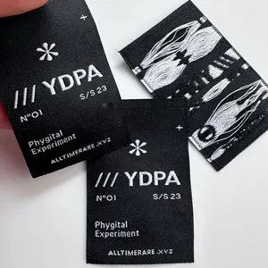 Logotipo Privado personalizado Vestuário Tecido Etiqueta 100% Algodão Orgânico de Alta Densidade Jacquard Roupas Satin Woven Tag Vestuário Woven Labels