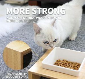 Bol surélevé en bois massif pour chat bols de nourriture pour animaux de compagnie avec support en céramique surélevée ensemble de support de vaisselle pour chat Double bol <span class=keywords><strong>station</strong></span> d'alimentation pour chat - Product Image 4