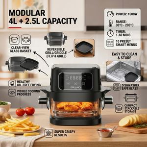 Friteuse à air en verre borosilicate de haute qualité 4L+2.5L, visible, sans huile, 1500W, avec mode cuisson à retourner, four à air chaud sain, vente en gros - Product Image 3