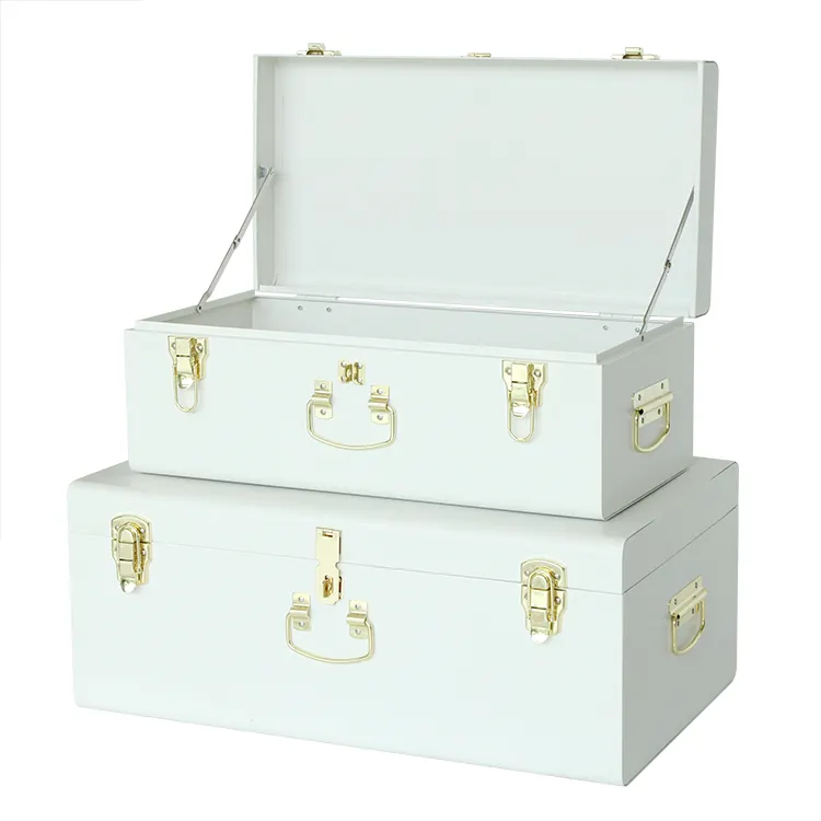 Penjualan terlaris bagasi penyimpanan dekoratif putih Set 2 bagasi penyimpanan logam dengan kait emas
