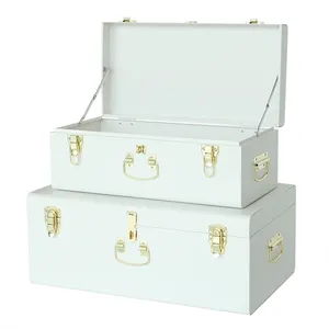 Venta caliente Baúl de almacenamiento decorativo blanco Juego de 2 baúl de almacenamiento de metal con pestillo dorado