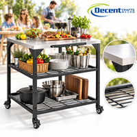 Station de préparation mobile pour barbecue, surface en acier inoxydable, étagères à double lamelles, roulettes pivotantes, chariot de barbecue d'extérieur