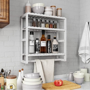 Adjustable 3-Tier <strong>Floating</strong> Bamboo Bathroom Organizer <strong>Shelves</strong> Black over Toilet <strong>Storage</strong> with Towel Hanging Rod for Kitchen Use - Product Image 3