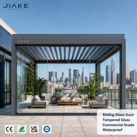 Pérgola Comercial de Aluminio Gris Jiake con Puerta Corredera de Vidrio Templado sin Marco para Jardín en Azotea, Patio o Terraza