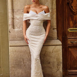 कंधे से सटिन मोती पैमाने पर मत्स्यांगना पोशाक औपचारिक अवसर सुरुचिपूर्ण पोशाक पोशाक पहने हुए स्टाइलिश पोशाक - Product Image 1