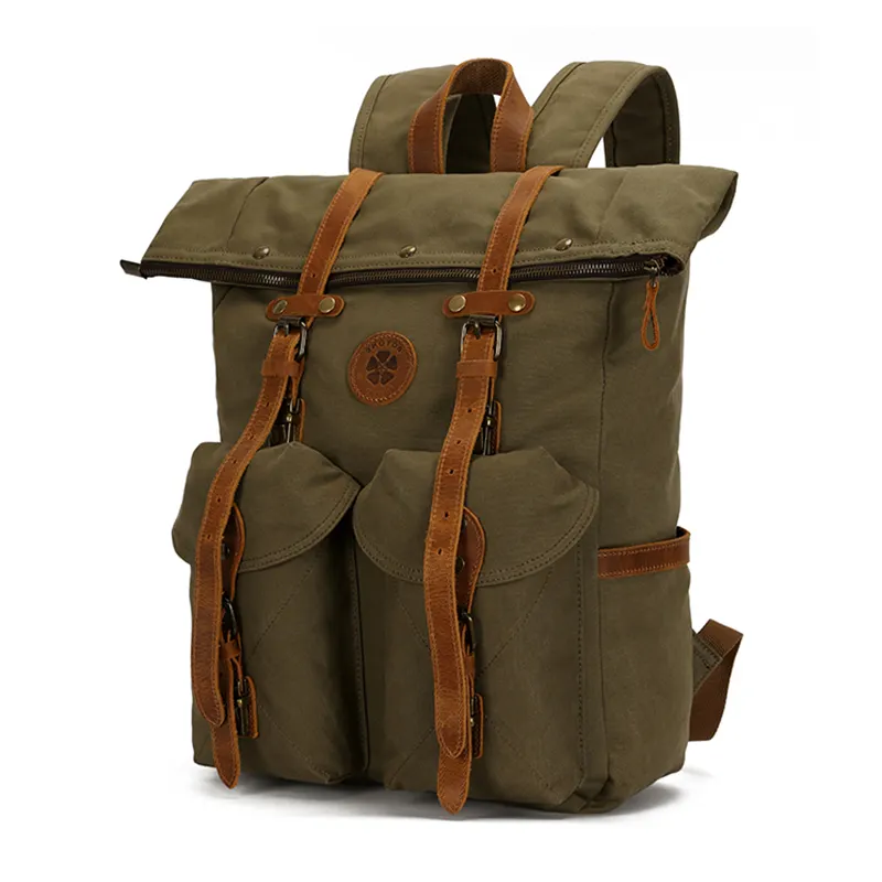 Custom RollTop Outdoor Hiking Travel Vintage Camping Bag Men's Back Pack Bagpack Canvas Rucksack Backpack For Men