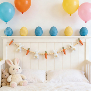 Decorazioni Pasquali per la Casa, Banner Primaverile, Ghirlanda <span class=keywords><strong>di</strong></span> Perline in Legno con Coniglietto Pasquale e Carota - Product Image 1