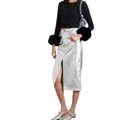 31138-1 Spring New Design Light Gray Slim Casual Long Leather Skirts With Split for Women