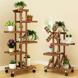 Solid <b>Wood</b> Multi Tier Flower Rack Walnut Color Indoor Outdoor Plant Stand With Wheels For Living Room Balcony - Product Image 1
