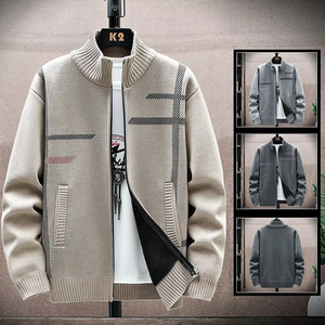Sonbahar Kış Sınır Ötesi Erkek Hırkası Çizgili Örme Fermuarlı Yaka Günlük İş Modası Süveter Orta Yaşlı - Product Image 1