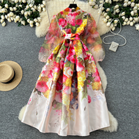 Plus Size 2025 Spring V-Neck Tunic Slim Bandage Casual Midi Dress for Women Lantern Sleeve Empire Printed Mesh Dress White