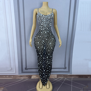 Abiti da Sera con Strass Argentati, Elegante <span class=keywords><strong>Vestito</strong></span> Lungo <span class=keywords><strong>Nero</strong></span> <span class=keywords><strong>Trasparente</strong></span> in Rete per Donna - Product Image 1