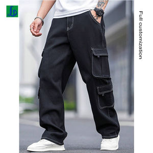 جينز رجالي كاجوال عالي الجودة مكدس منتصف الخصر بسحاب يطير البضائع تصميم أسود مستقيم خفيف الوزن قماش صوفي خدمة OEM - Product Image 1