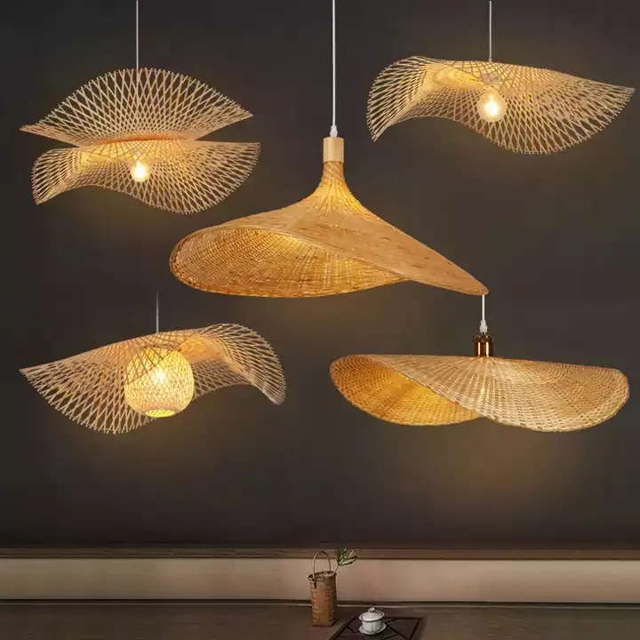 New Dropshipping Rattan LED Pendant Light for Dining Room Living Room Japanese Chandelier Straw Hat Chandelier Ceiling Light