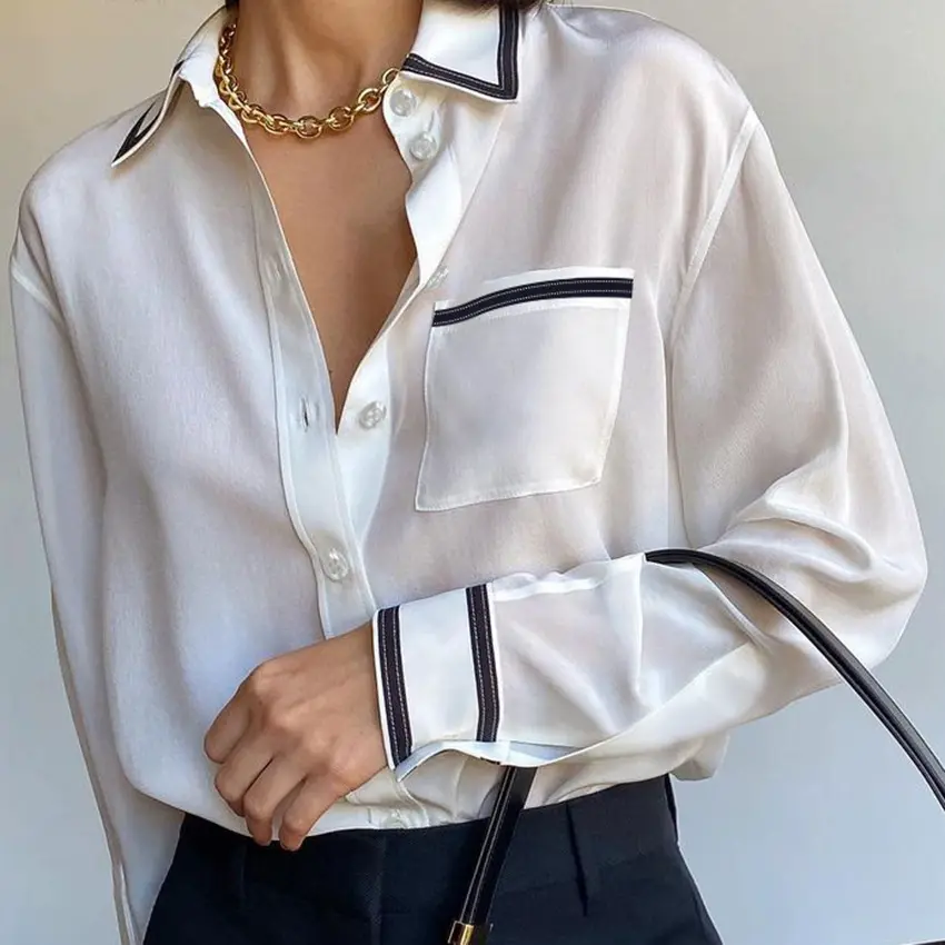 R20401s 2022 Spring Women Top Stitching Contrast Color Chiffon Shirt Design Simple French Elegant Silk Blouses