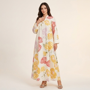 Elegant Floral Print Muslim Maxi Dress for Women Long Sleeve Modest A Line Polyester <b>Kaftan</b> Casual Occasion Wear - Product Image 1