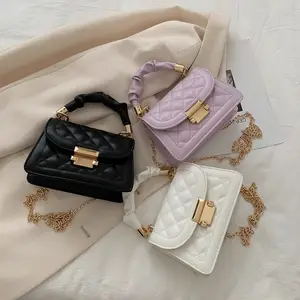 Korean Diamond Lattice Shoulder Small Bag Women's Messenger Small Square Gold Chain Hand Bag Wholesale PU Ladies Handbag