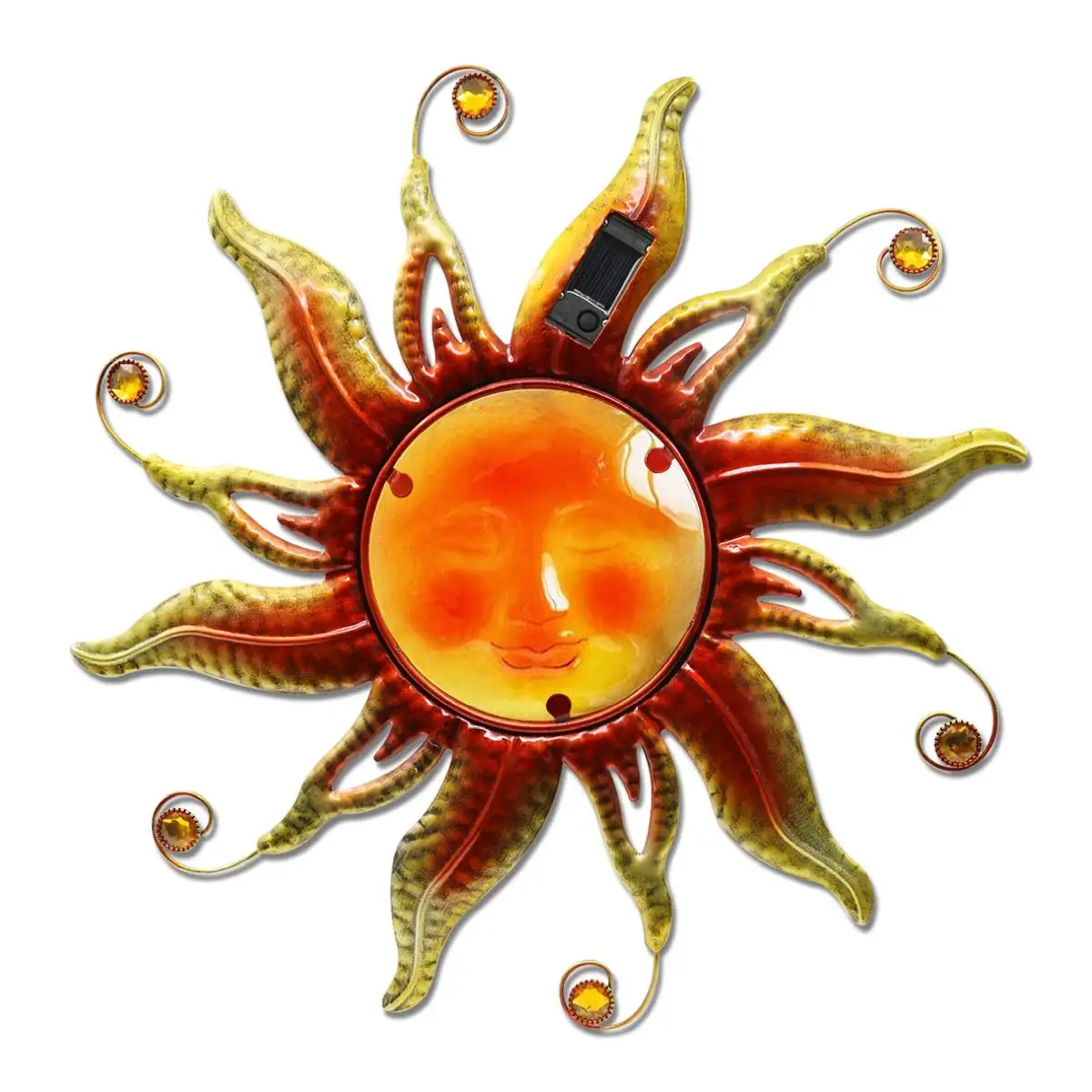 18 بوصة لوحة جدارية لوجه الشمس تعمل بالطاقة الشمسية - تمثال معدني لشمس بضوء ليد ووجه مبتسم، ديكورات للتعليق على الحائط في الهواء الطلق