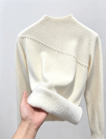 Pull en maille pour femme, col montant, chaud pour l'hiver, avec perles diagonales et design à empiècements, coupe ajustée