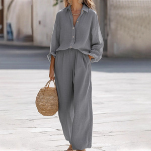 Women's Casual <b>Linen</b> Suit <b>Set</b> Long Sleeve Shirt And Trousers Solid Color S M L XL XXL XXXL For Europe And America - Product Image 4