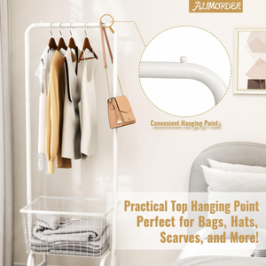 Korean Style Multifunction White Metal Coat Rack With Lockable Wheels Standing Garment Rack With <b>Storage</b> Baskets in <b>Small</b> Place - Product Image 2