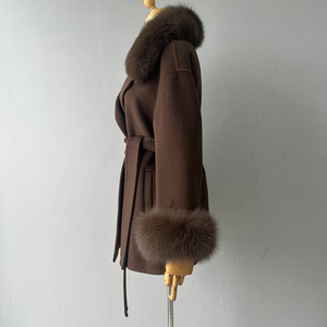 Jxwatcher Giacca in Cashmere e Lana a Doppio Strato per <span class=keywords><strong>Donna</strong></span> <span class=keywords><strong>con</strong></span> Collo e Polsini in Vera <span class=keywords><strong>Pelliccia</strong></span> di Volpe, Vendita all'Ingrosso Personalizzata - Product Image 4