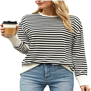 Camiseta Casual Holgada de Verano para Mujer, 100% Algodón Orgánico, Secado Rápido, Cuello Redondo, Diseño a Rayas, Mangas Acampanadas, Colores Personalizados - Product Image 1