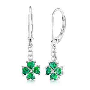 925 Sterling High Quality AAA+ Cubic Zirconia Emerald Heart Cut 4 Leaf Clover Leverback Drop Earrings