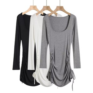 CNSHELL 95% coton col carré côté pli dessiner chaîne à manches longues mauvaise hanche robe femmes Sexy - Product Image 3