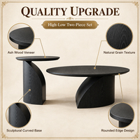 Ensemble de tables basses contemporaines en bois avec base en forme de cuillère, plateau fin à rebord profond, ton noir intense, durable et facile à nettoyer pour les espaces de vie domestiques
