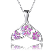 Collier pendentif queue de dauphin en argent sterling 925 personnalisé avec opale et fleur de frangipanier hawaïenne, fabriqué à Guangzhou