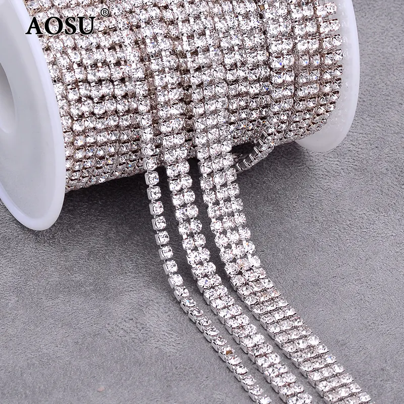 AOSU Top Quality 1 2 3 Row Claw SS8 Clear Color Crystal Strass Trimming Glass Claw Rhinestone Cup Chain For Clothes