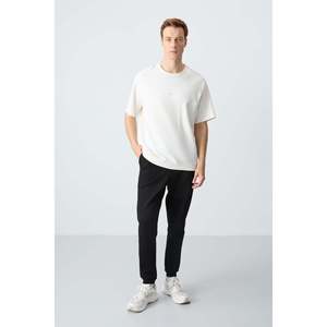 Air Jones Men's Ecru <b>Black</b> Cotton Blend Thick Soft Oversize Fit Basic Tracksuit Set with Double Face Interlock Fabric - Product Image 1