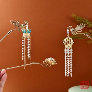 Pinzas para el pelo estilo chino con flor luminosa y flecos de perlas, pasadores de pelo con borlas de flores, palillos para el pelo retro hechos a mano de lujo - Product Image 2