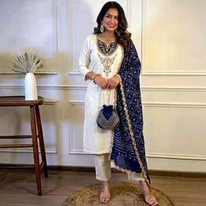 Salwar Kameez en modal pour femme avec dupatta brodé – Tenue ethnique traditionnelle pour mariage et fête – Ensemble Kurta et pantalon coupe droite longueur genou - Product Image 1