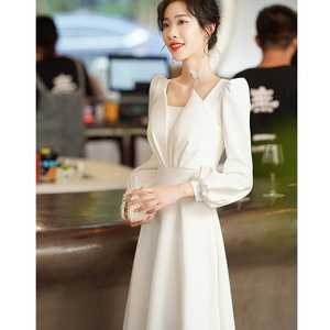 <b>White</b> V-Neck Satin Evening Gown Long Sleeve A-Line <b>Wrap</b> Dress For Banquet And Events - Product Image 1